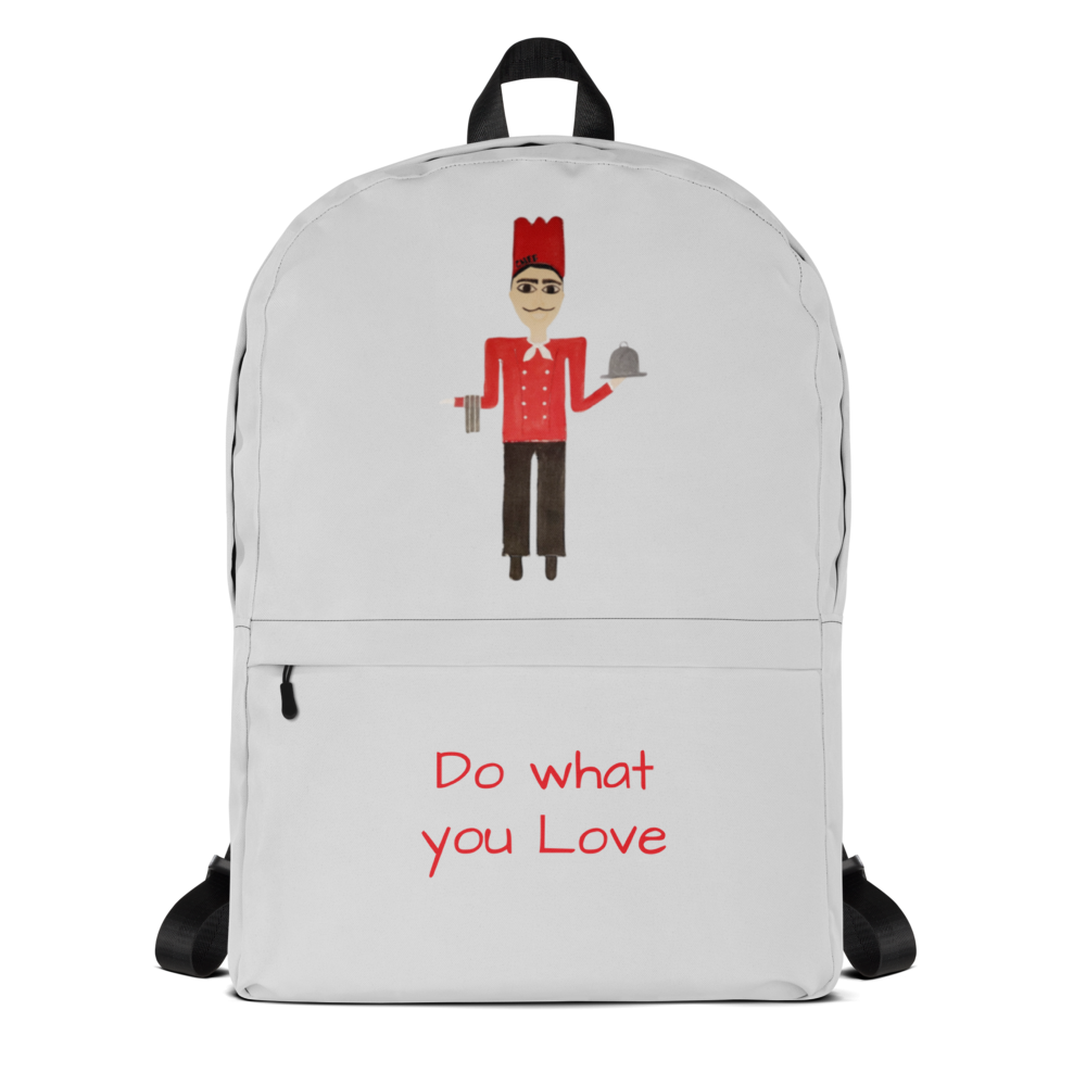 White backpack with cartoon character and 'Do what you love' text on a white background