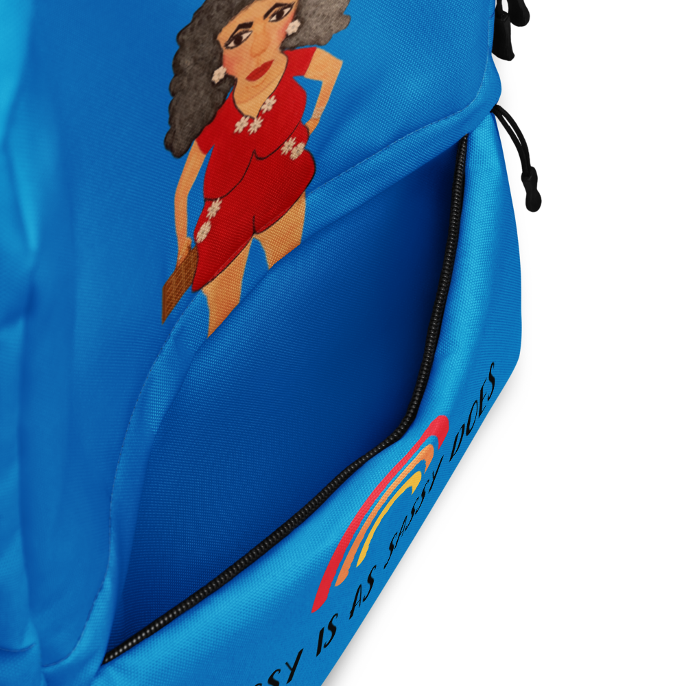 pocket of a blue book bag with the image of a cartoon woman and a rainbow