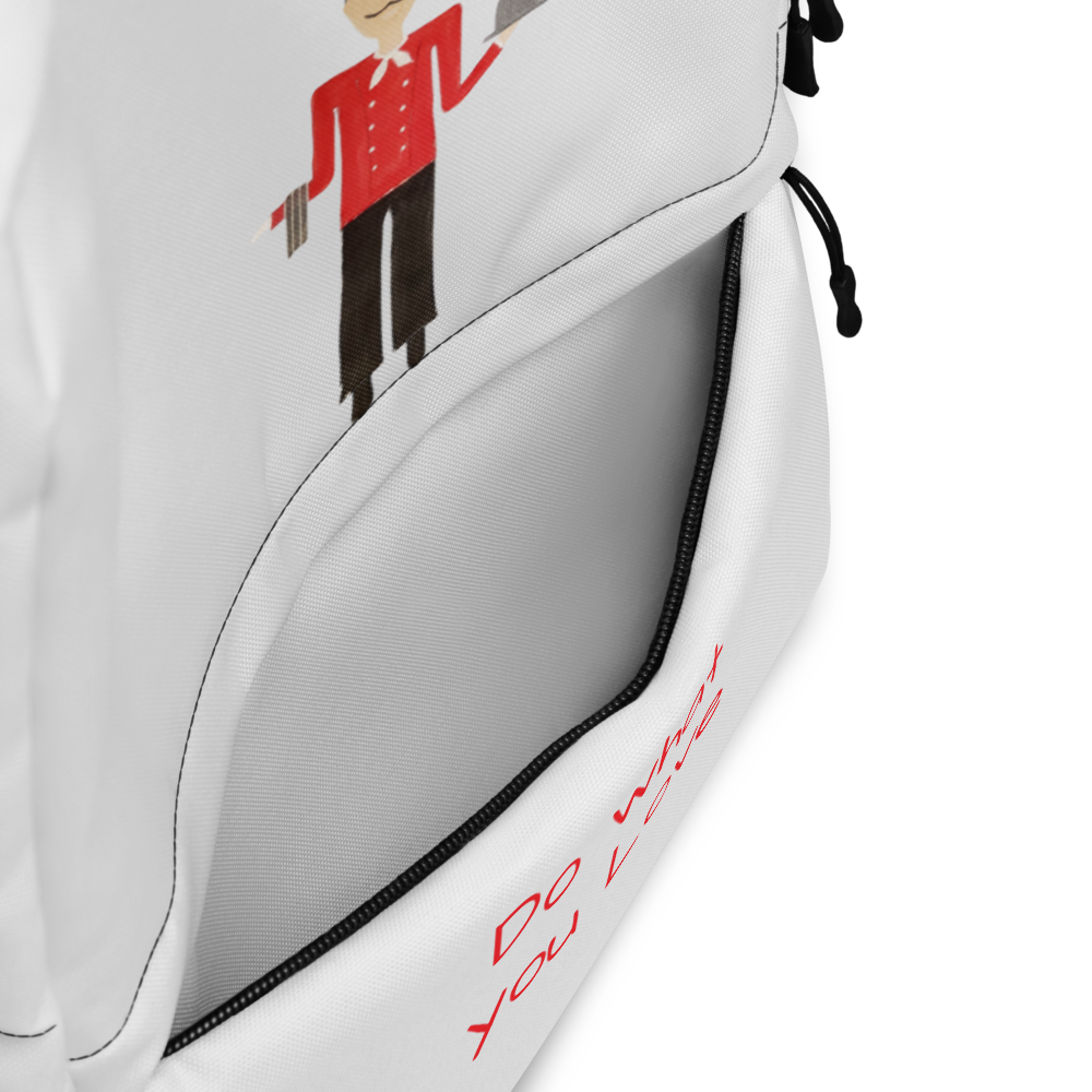 White golf bag with a cartoon character and text on a white background