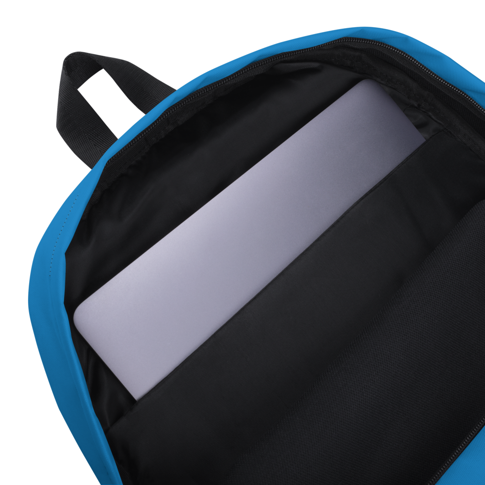 inside pocket of a blue and black backpack