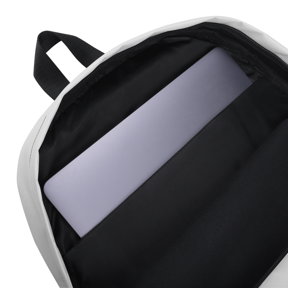 Backpack interior with a laptop and green accents on a white background