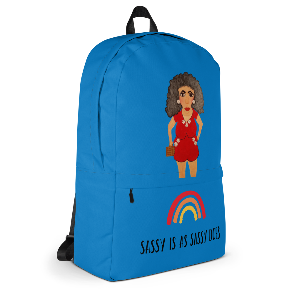 blue bookbag with an image of an older woman cartoon