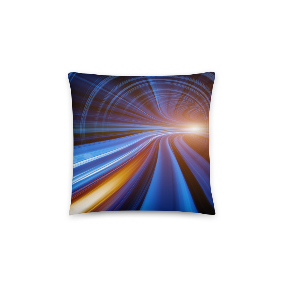 A square throw pillow featuring an abstract long-exposure light trail design with vibrant blue, orange, and white streaks converging toward a bright center, shown against a plain white background.
