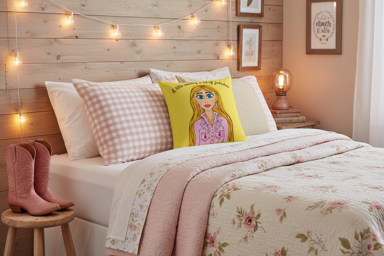 A square yellow throw pillow featuring a cartoon illustration of a blonde woman in a pink shirt with the text 'A little country, a lot of fabulous' in black script above her, shown on a plain white background.