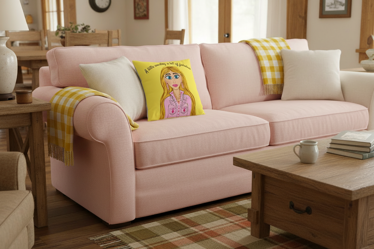 A square yellow throw pillow featuring a cartoon illustration of a blonde woman in a pink shirt with the text 'A little country, a lot of fabulous' in black script above her, shown on a plain white background.
