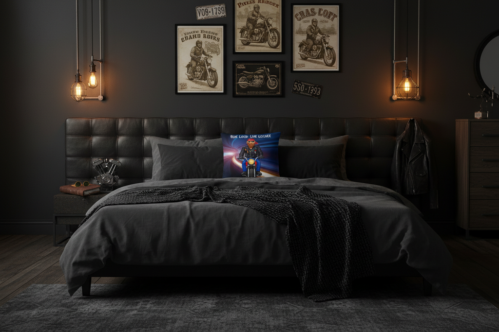 A square throw pillow featuring a colorful graphic print of a biker riding a motorcycle with the text 'RIDE LOUD, LIVE LOUDER' on a white background.