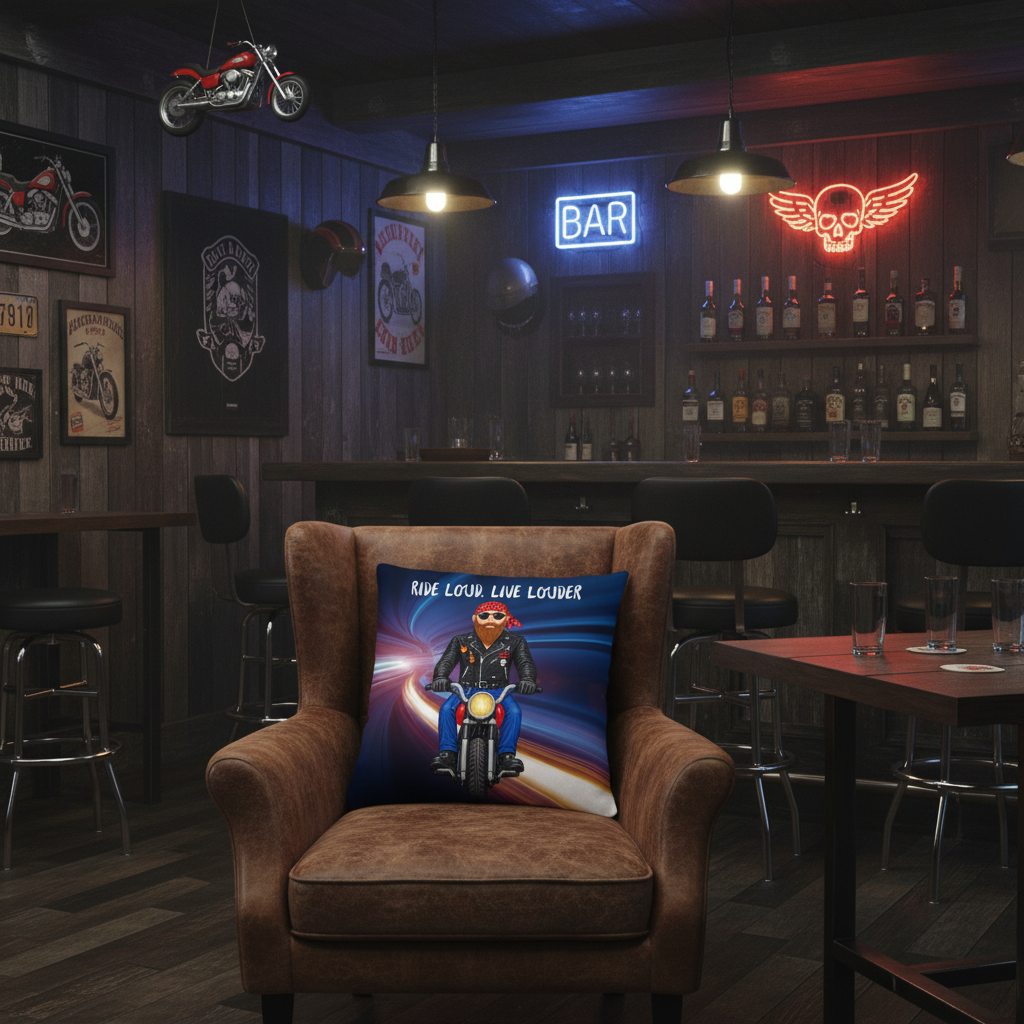A square throw pillow featuring a colorful graphic print of a biker riding a motorcycle with the text 'RIDE LOUD, LIVE LOUDER' on a white background.