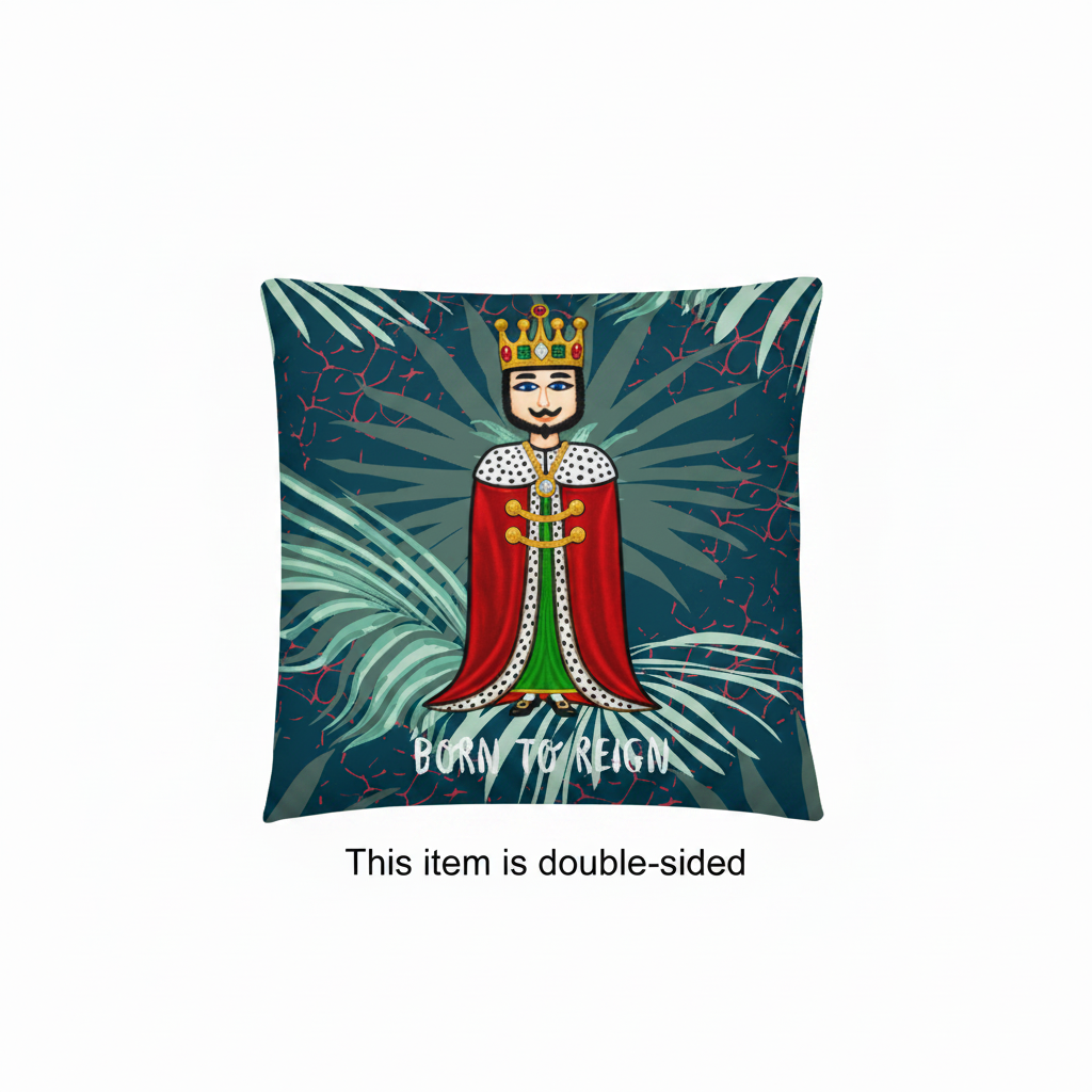 A square decorative throw pillow featuring a stylized illustration of a crowned king in a red robe with the text 'BORN TO REIGN' on a dark teal background with palm leaves.