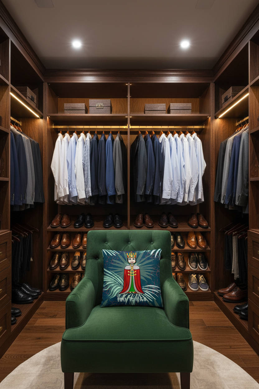 A square decorative throw pillow featuring a stylized illustration of a crowned king in a red robe with the text 'BORN TO REIGN' on a dark teal background with palm leaves.