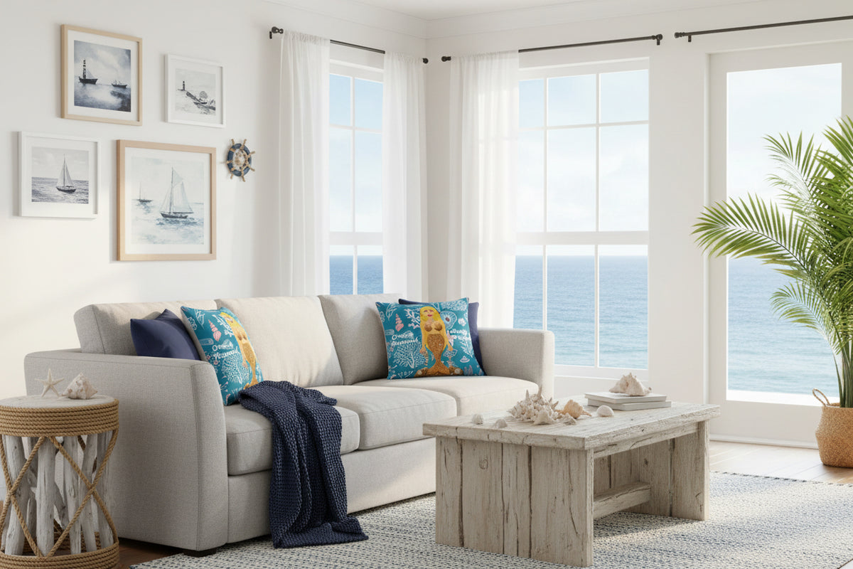 A square decorative throw pillow featuring an underwater mermaid design. The pillow has a teal blue background decorated with white coral and sea plants, a central illustration of a blonde mermaid in a gold tail, and white text reading 'Once a Mermaid' and 'I always a Mermaid'.