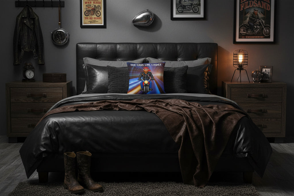 A square throw pillow featuring a biker graphic of a man riding a motorcycle on a tunnel with the text 'RIDE LOUD, LIVE LOUDER' at the top.