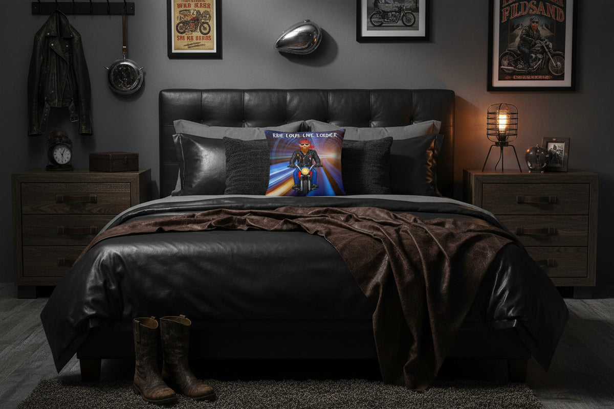 A square throw pillow featuring a biker graphic of a man riding a motorcycle on a tunnel with the text 'RIDE LOUD, LIVE LOUDER' at the top.