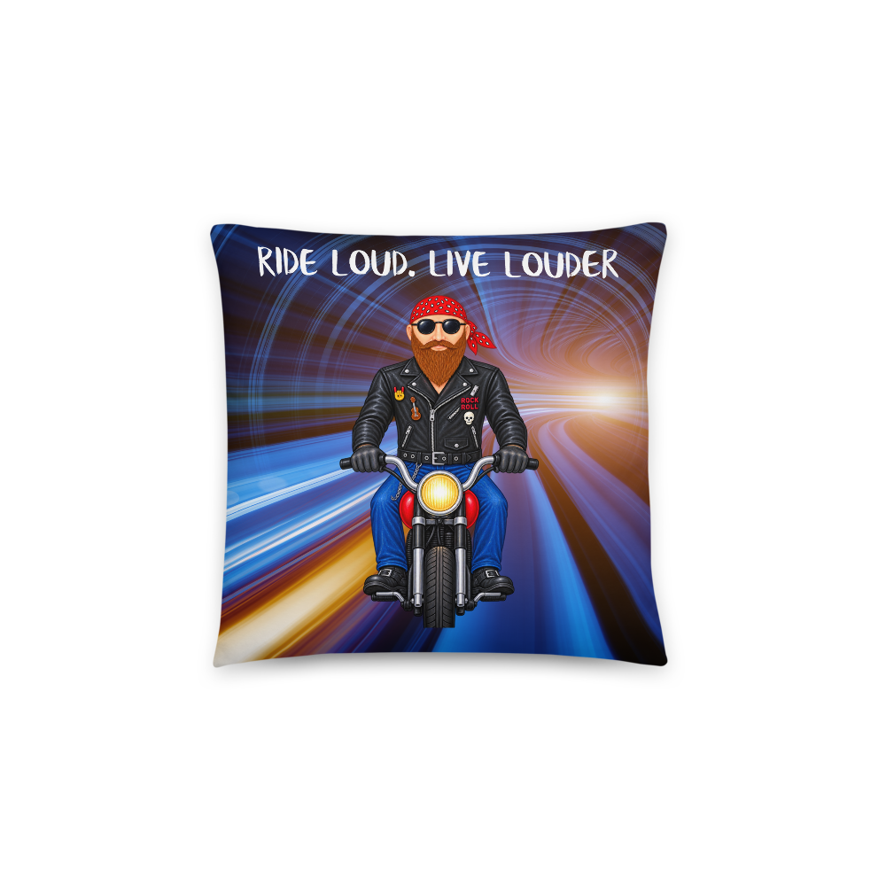 A square throw pillow featuring a graphic print of a biker riding a motorcycle on a tunnel road. The print includes the text 'RIDE LOUD, LIVE LOUDER' at the top.