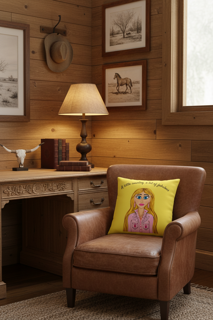 A square yellow throw pillow featuring a cartoon illustration of a woman with long blonde hair, blue eyes, and pink lips, wearing a pink shirt. Black script text above the illustration reads, 'A little country, a lot of fabulous.
