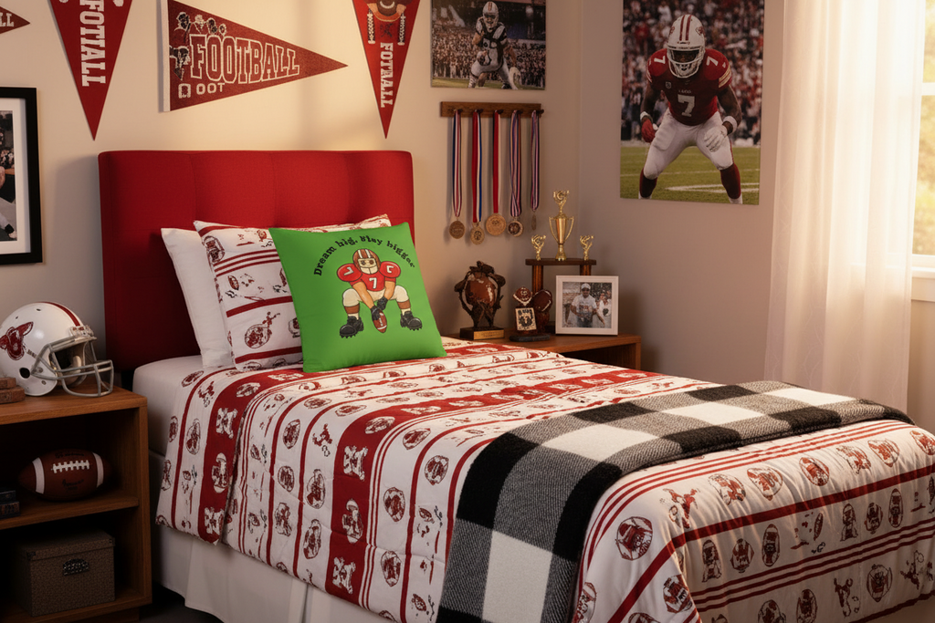 A green square throw pillow with a cartoon football player graphic and the text 'Dream big, Play bigger' rests on a rust-orange couch next to a black-and-white plaid blanket. The background shows a styled living room with a shelf holding an audio device and decorative glass vases.