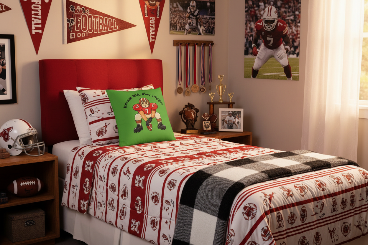 A green square throw pillow with a cartoon football player graphic and the text 'Dream big, Play bigger' rests on a rust-orange couch next to a black-and-white plaid blanket. The background shows a styled living room with a shelf holding an audio device and decorative glass vases.
