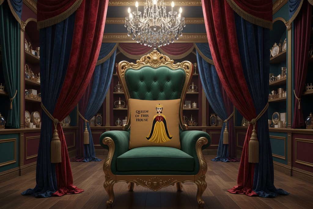 A square tan throw pillow featuring a stylized illustration of a queen in a gold and black gown with a crown, next to the text 'QUEEN OF THIS HOUSE' in black serif font, shown on a plain white background.