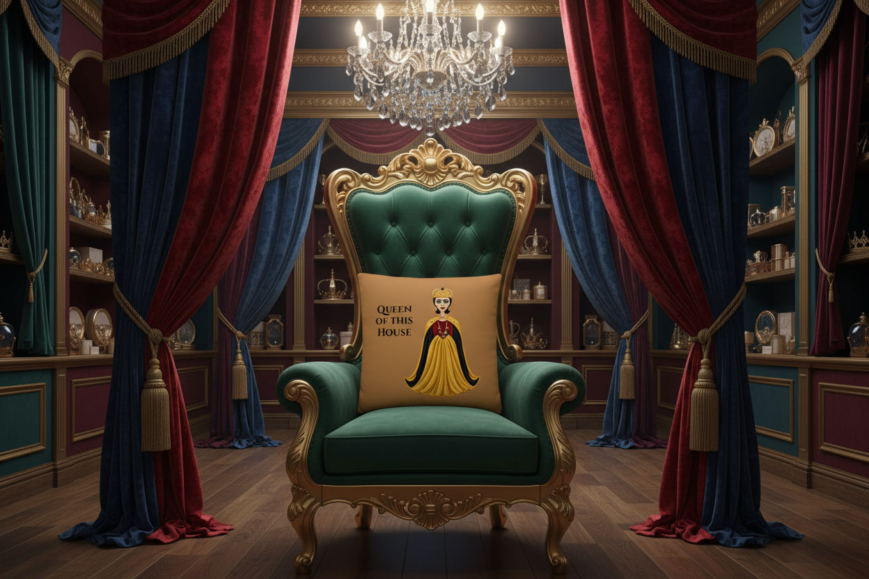 A square tan throw pillow featuring a stylized illustration of a queen in a gold and black gown with a crown, next to the text 'QUEEN OF THIS HOUSE' in black serif font, shown on a plain white background.