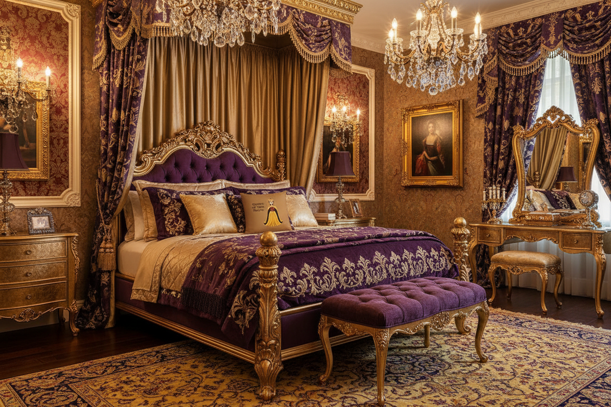 A Queen character on a pillow on a bed in a woman's bedroom