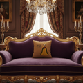 A square tan throw pillow with a printed illustration of a queen in a yellow and black gown and the text 'QUEEN OF THIS HOUSE' sits on a gray sofa draped with a blue and white patterned throw blanket, with a green houseplant in the background.