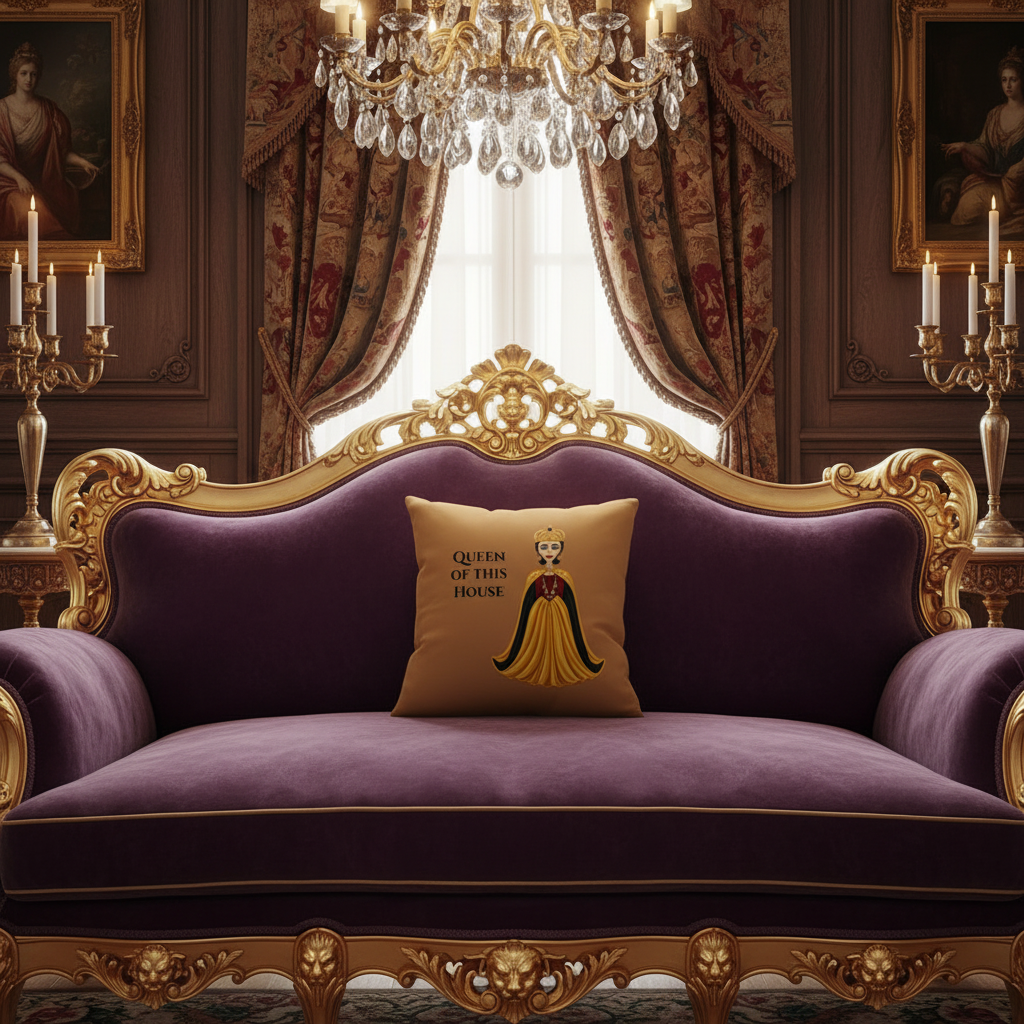 A square tan throw pillow with a printed illustration of a queen in a yellow and black gown and the text 'QUEEN OF THIS HOUSE' sits on a gray sofa draped with a blue and white patterned throw blanket, with a green houseplant in the background.