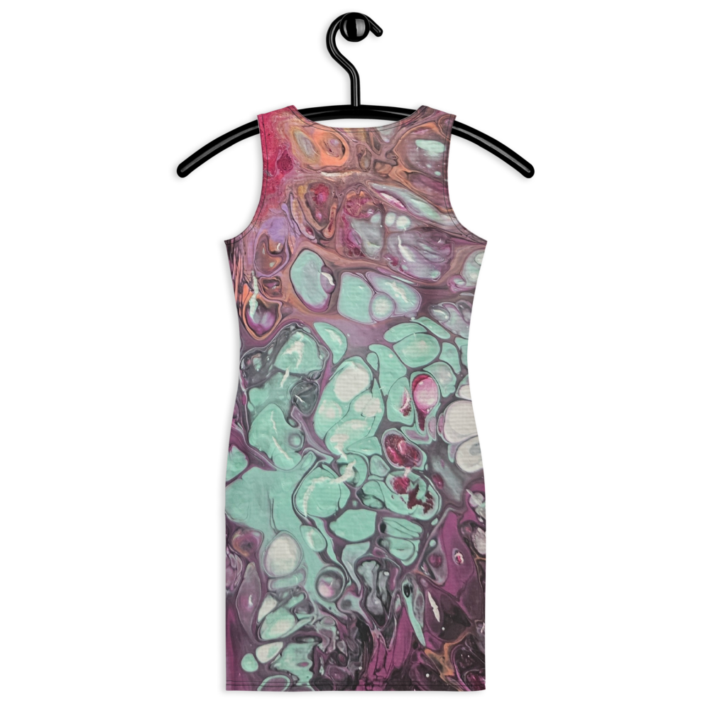 Colorful sleeveless dress with abstract pattern on a hanger against a white background