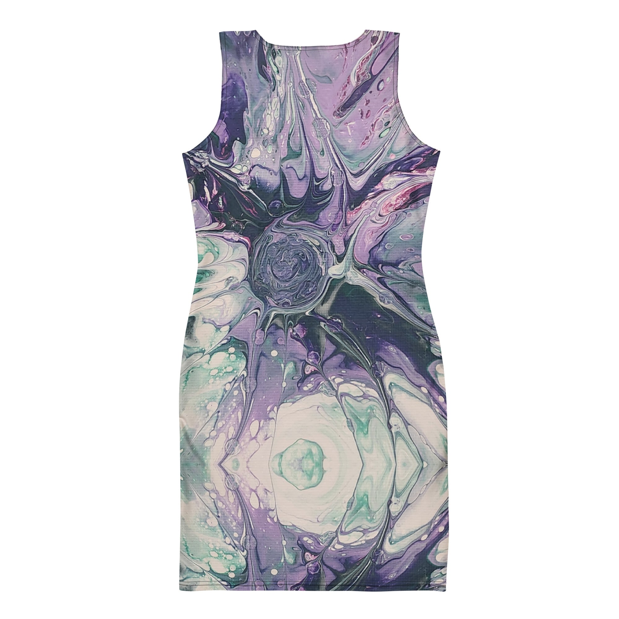 Sleeveless dress with abstract purple and green design on a white background