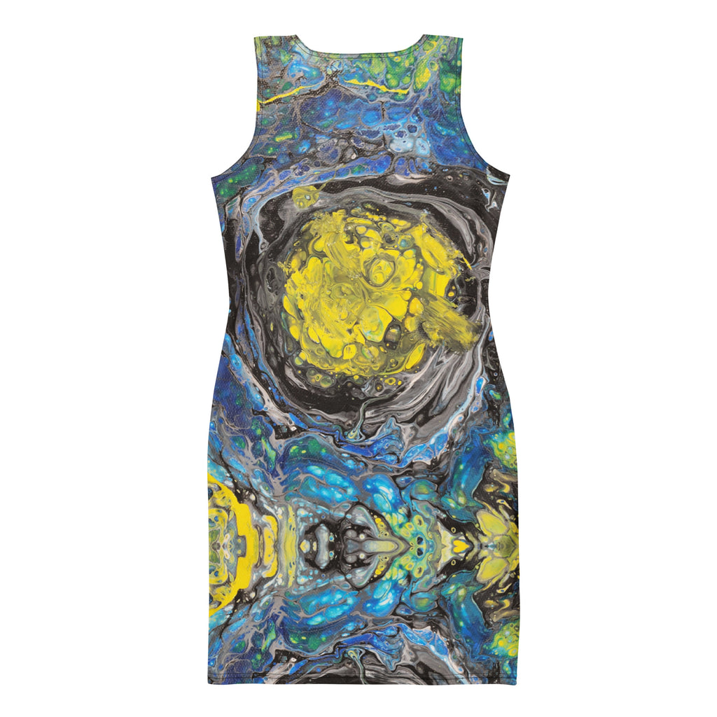 Tank top with abstract design featuring yellow and blue colors on a white background