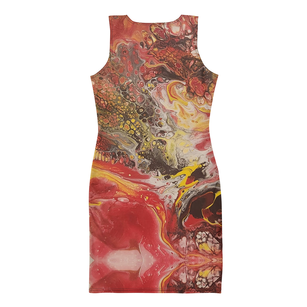 Sleeveless dress with abstract multicolor design on a white background