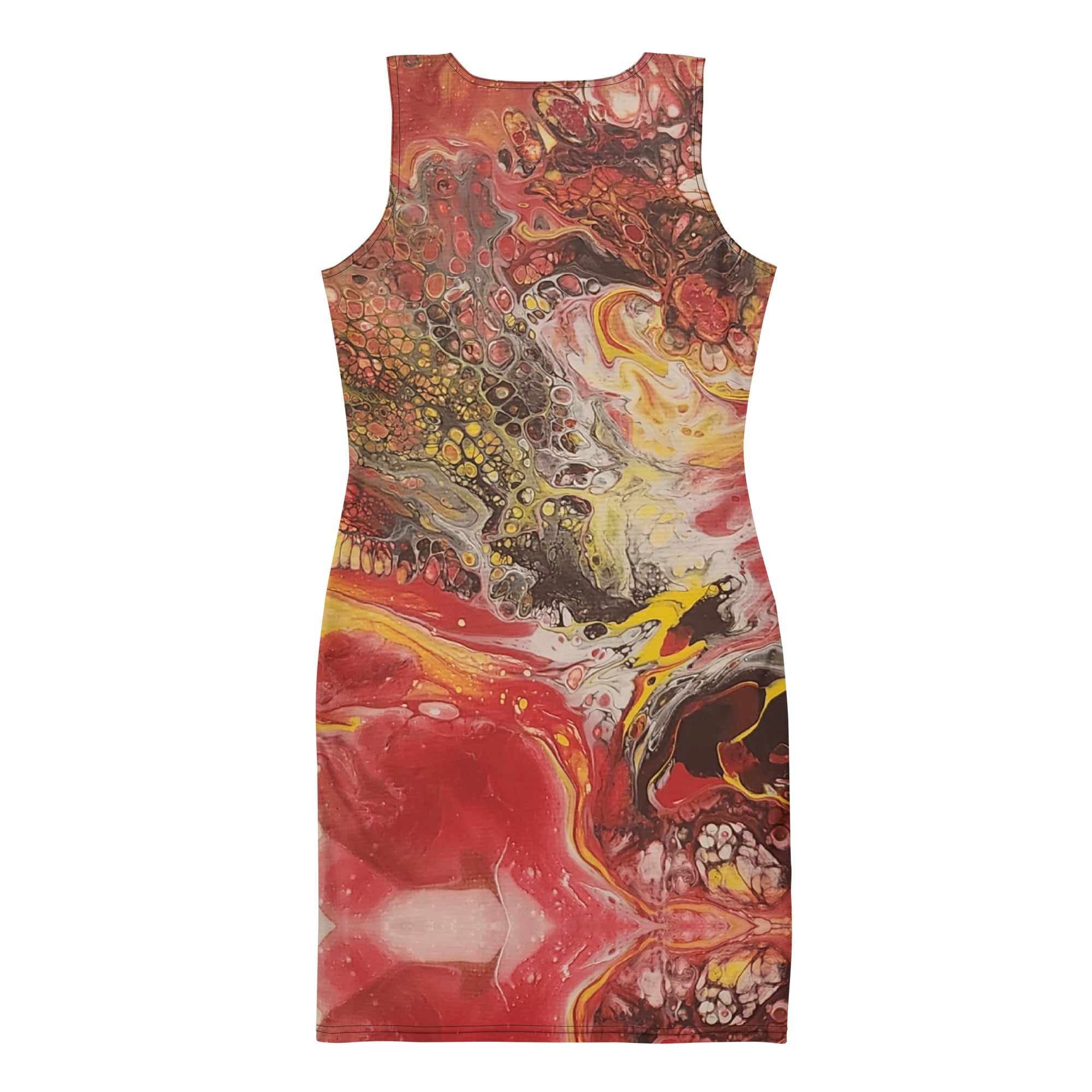 Sleeveless dress with abstract multicolor design on a white background