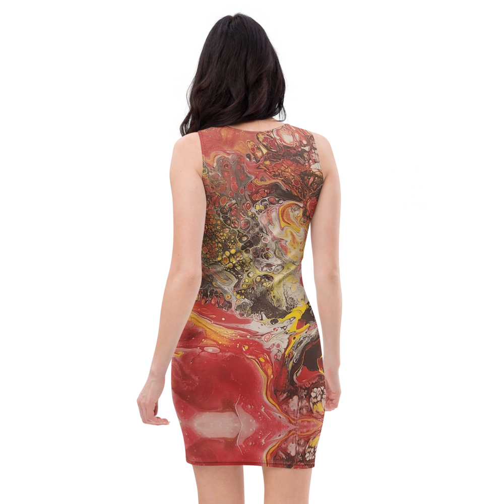 Woman wearing a sleeveless dress with a colorful abstract pattern on a white background