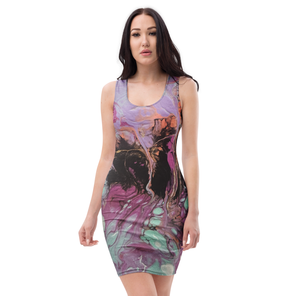Woman wearing a colorful dress with abstract patterns on a white background