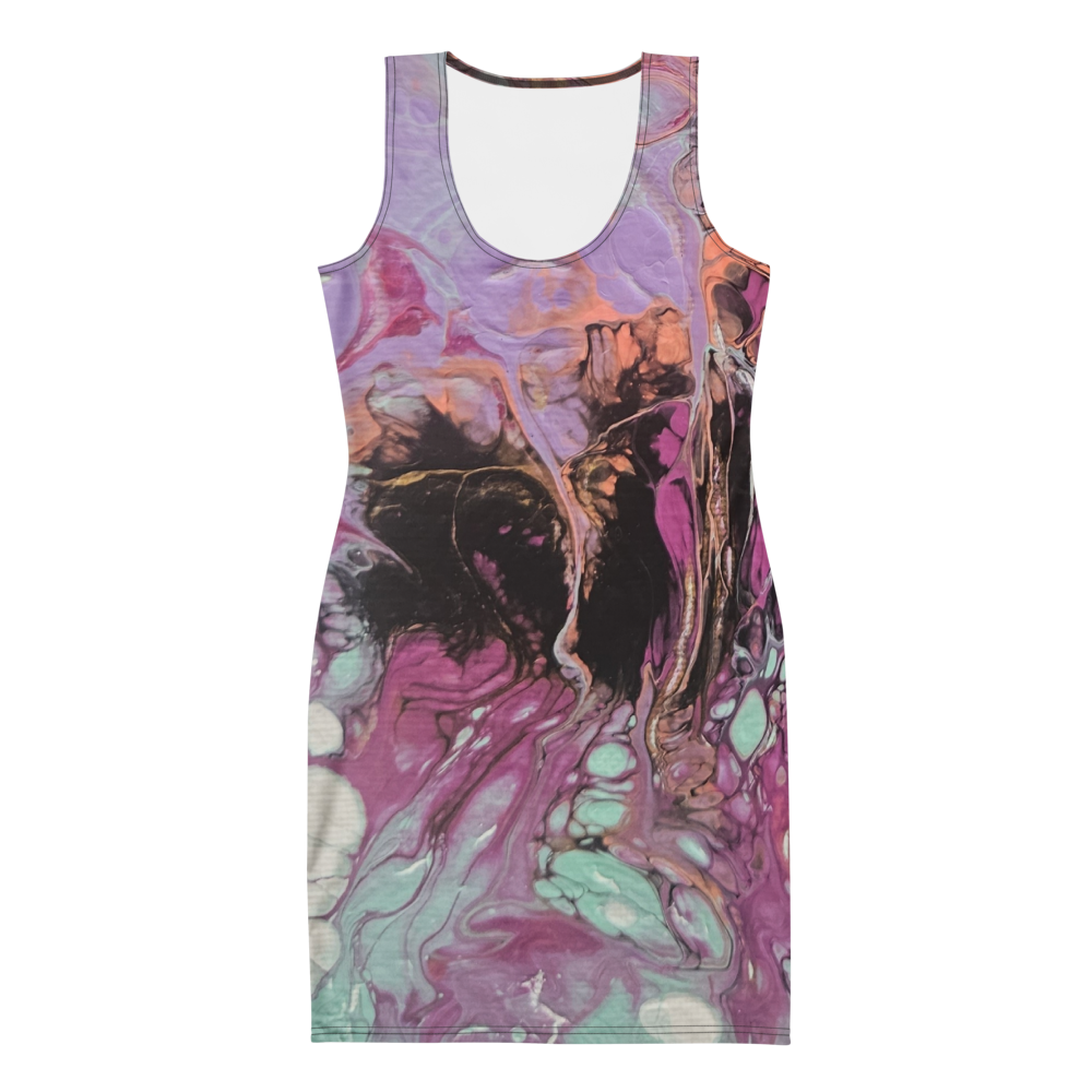 Colorful sleeveless dress with abstract design on a white background