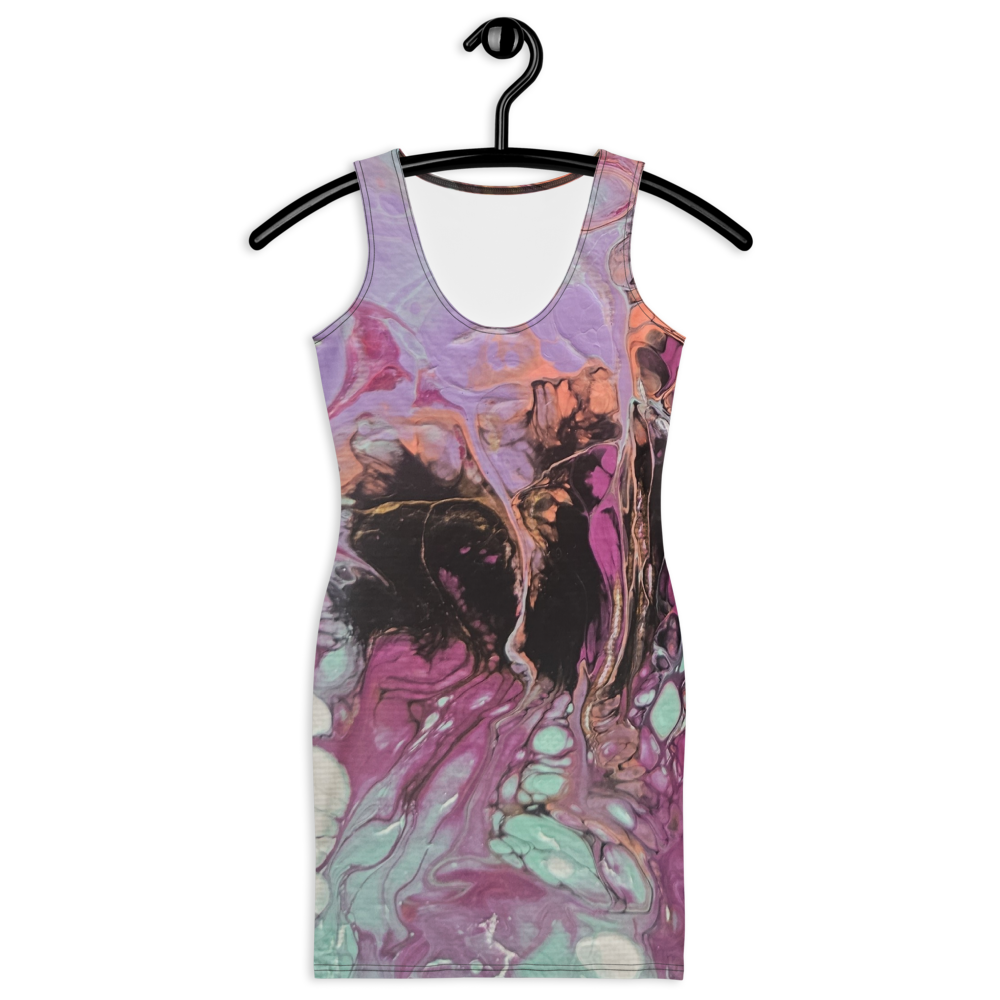 Colorful tank dress on a hanger against a white background