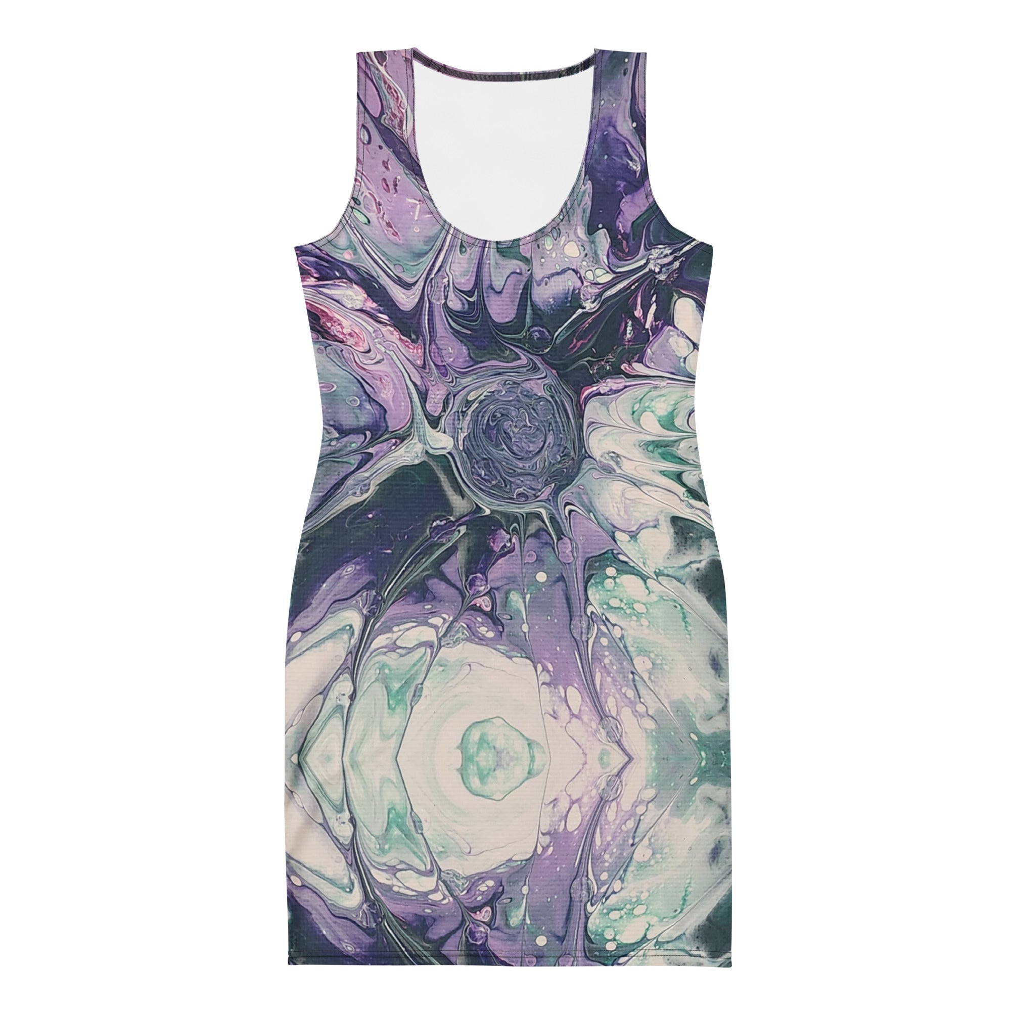 Sleeveless dress with abstract design on a white background