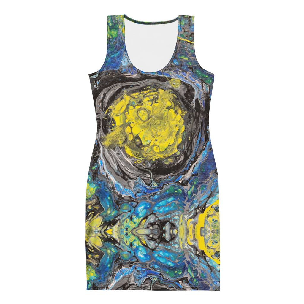 Tank top with abstract design featuring yellow and blue colors on a white background