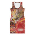 Colorful abstract patterned dress on a white background