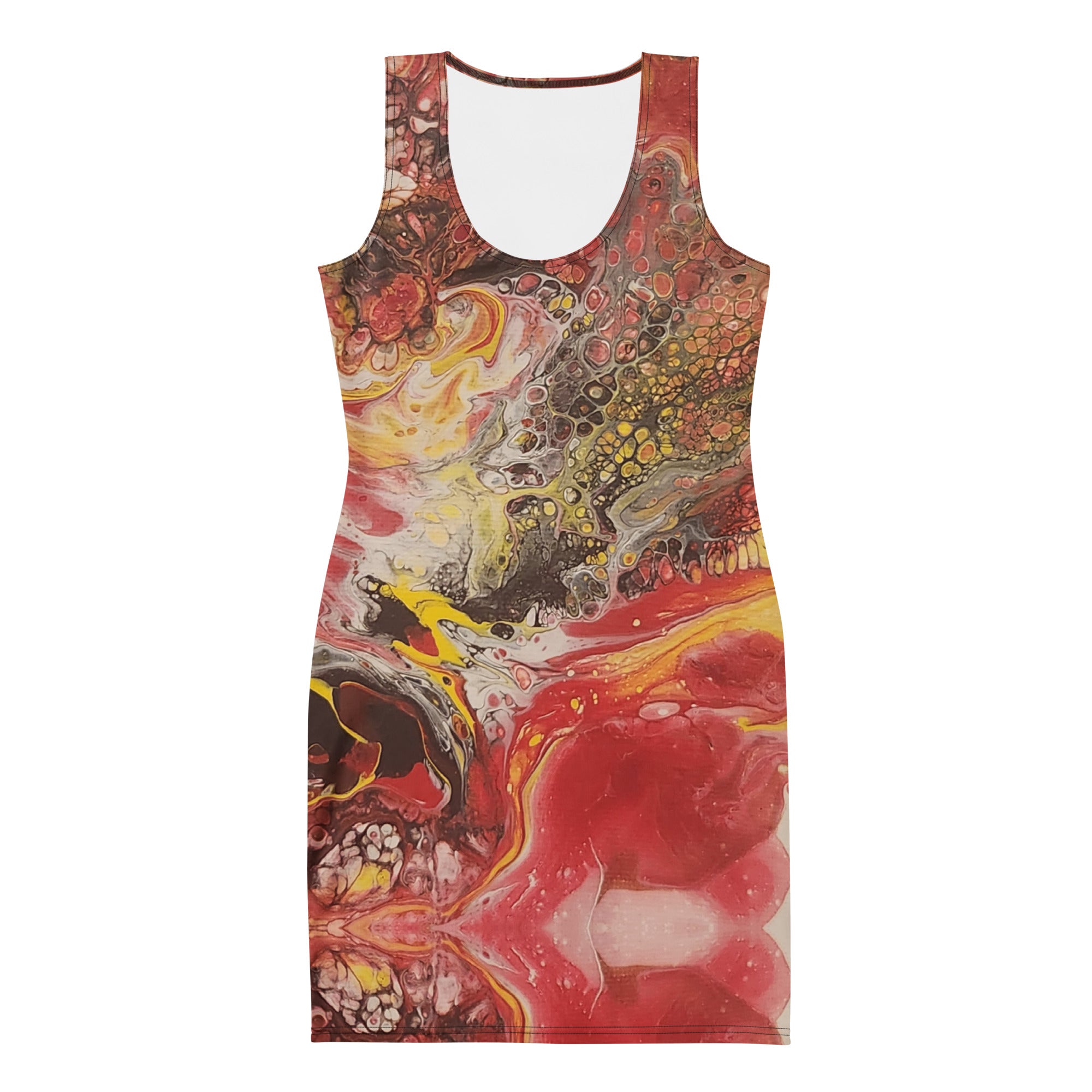 Colorful abstract patterned dress on a white background