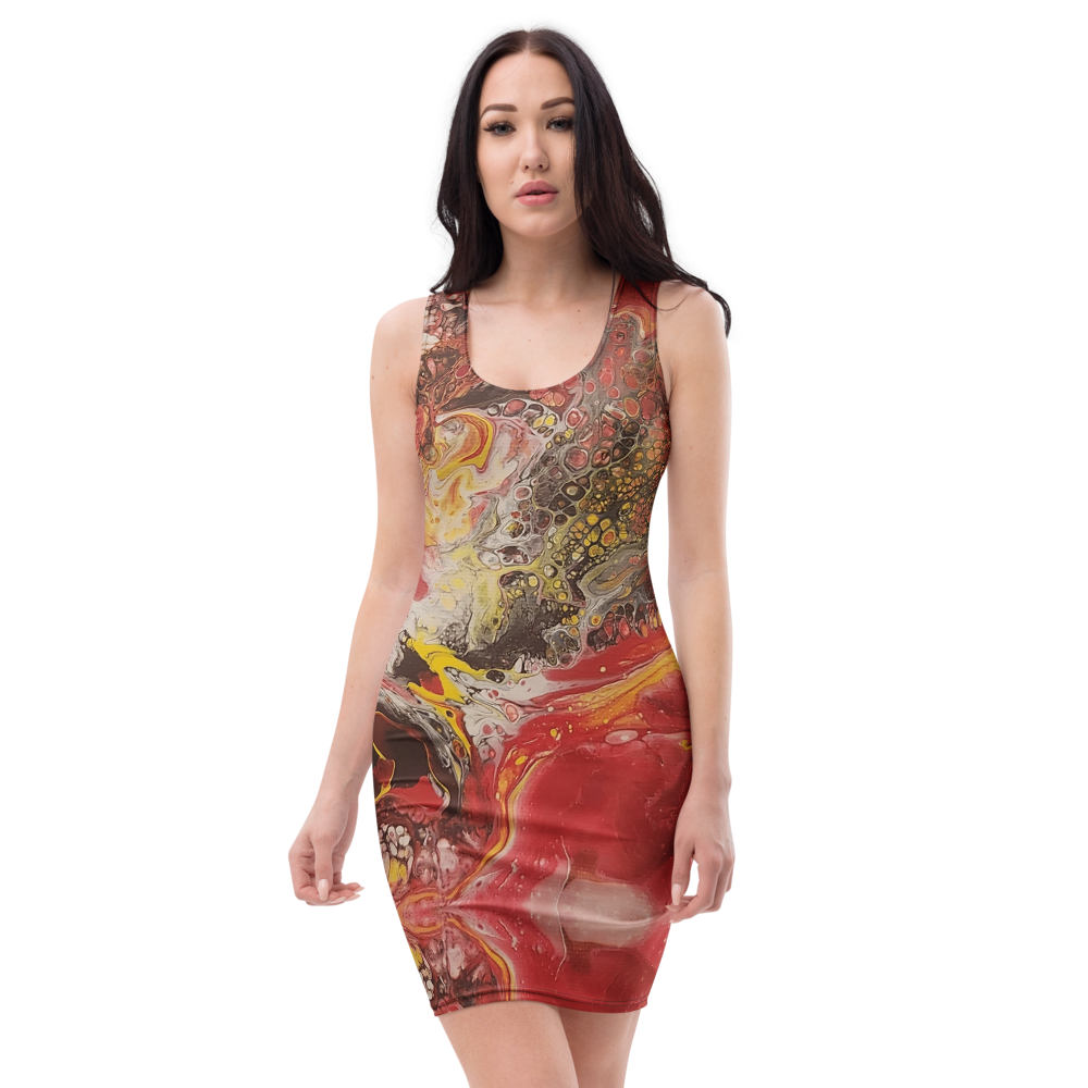 Woman wearing a colorful dress with abstract patterns on a white background