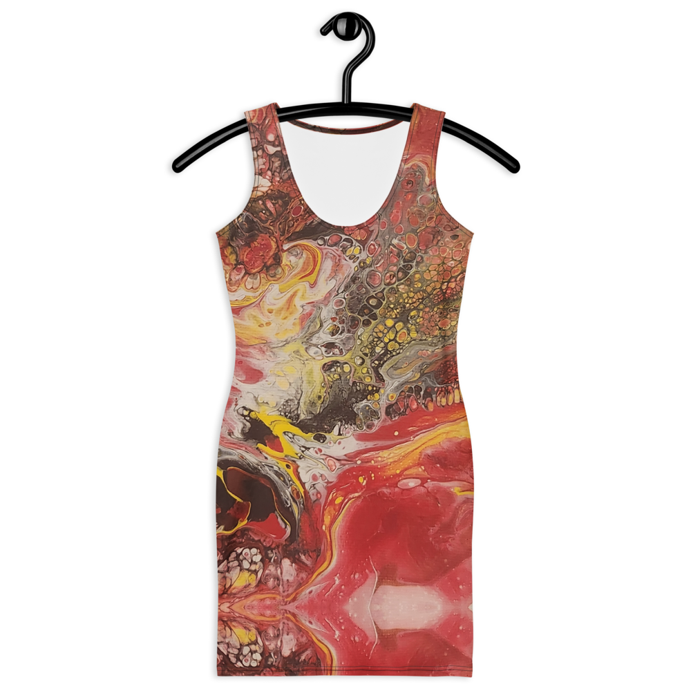 Colorful sleeveless dress with abstract design on a hanger against a white background