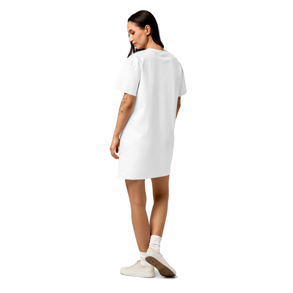 a woman showing the backside of a cotton dress shirt with a cartoon character and a catchy phrase on a white background