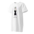 a cotton dress shirt with a cartoon character and a catchy phrase on a white background