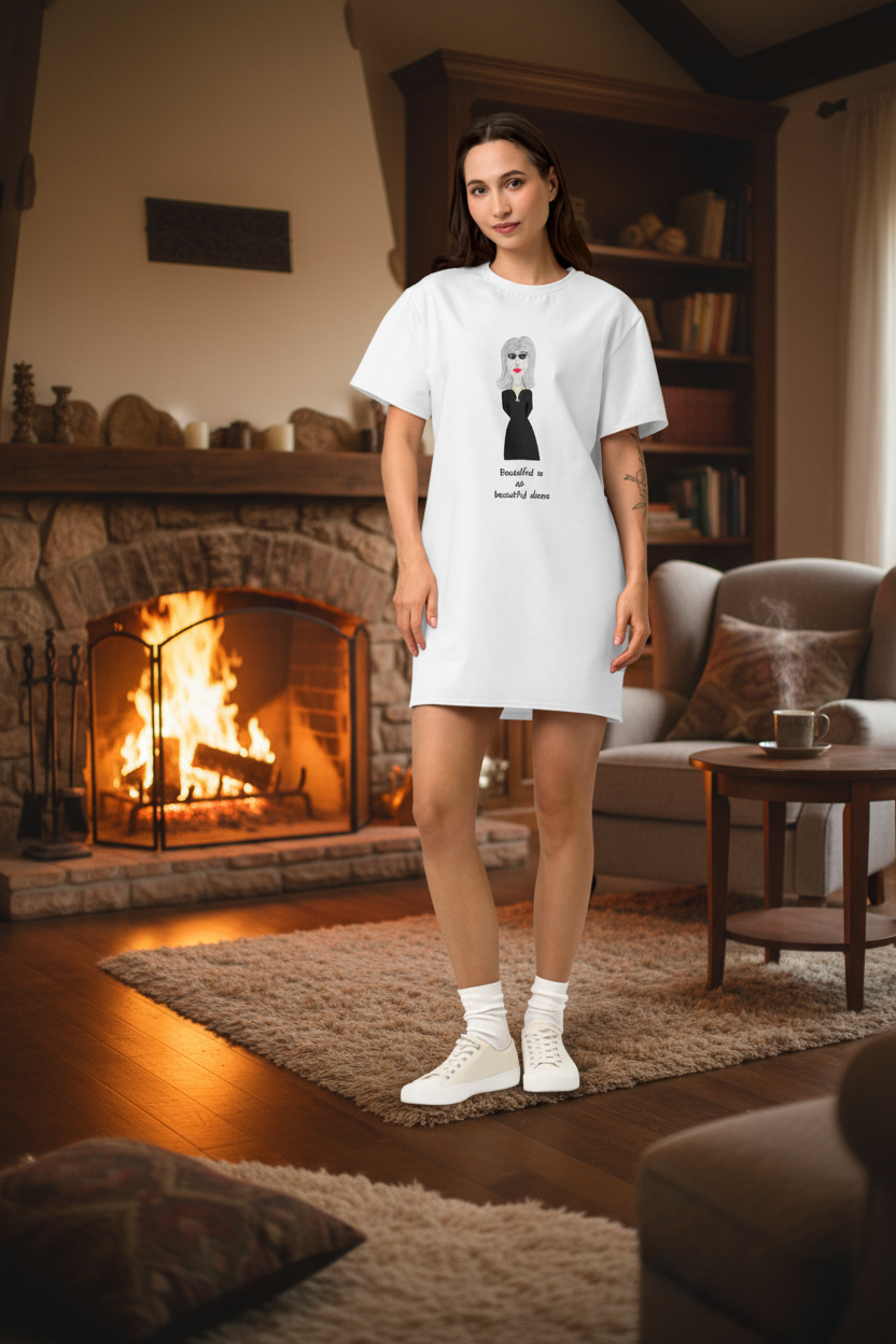 young woman in a cotton dress shirt with a cartoon character and a catchy phrase