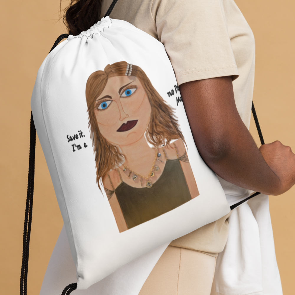 Drawstring bag with a portrait of a woman and text held by a person against a beige background