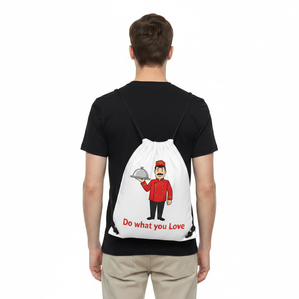 Man holding a white drawstring bag with text on a white background