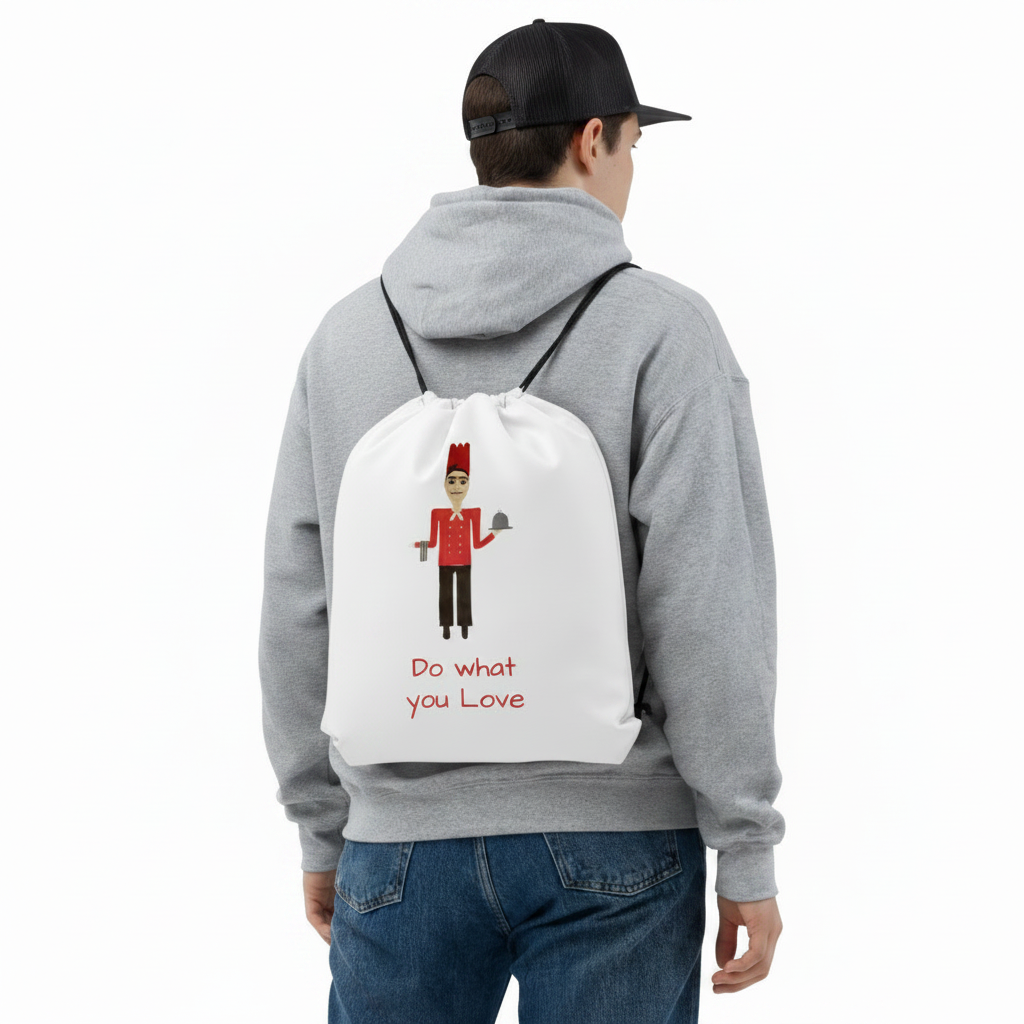 Person wearing a gray hoodie with a white drawstring bag featuring a graphic and text.