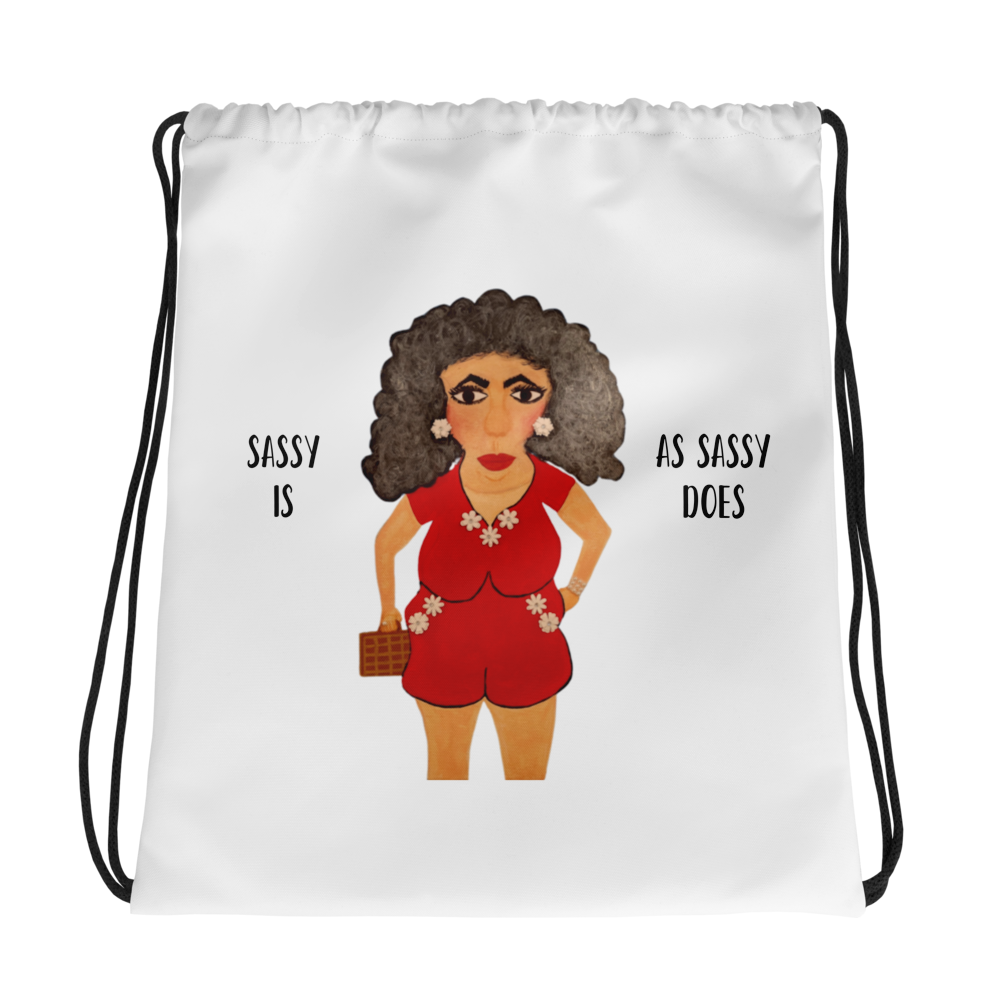 Drawstring bag with a cartoon character and text 'Sassy is as sassy does' on a white background