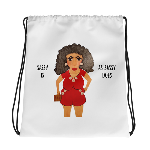 Drawstring bag with a cartoon character and text 'Sassy is as sassy does' on a white background
