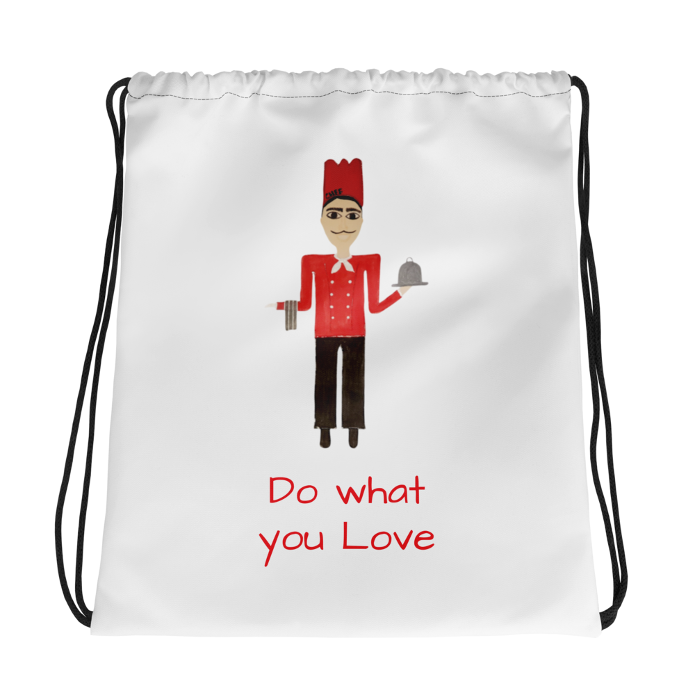 White drawstring bag with a cartoon character and text 'Do what you Love' on a white background