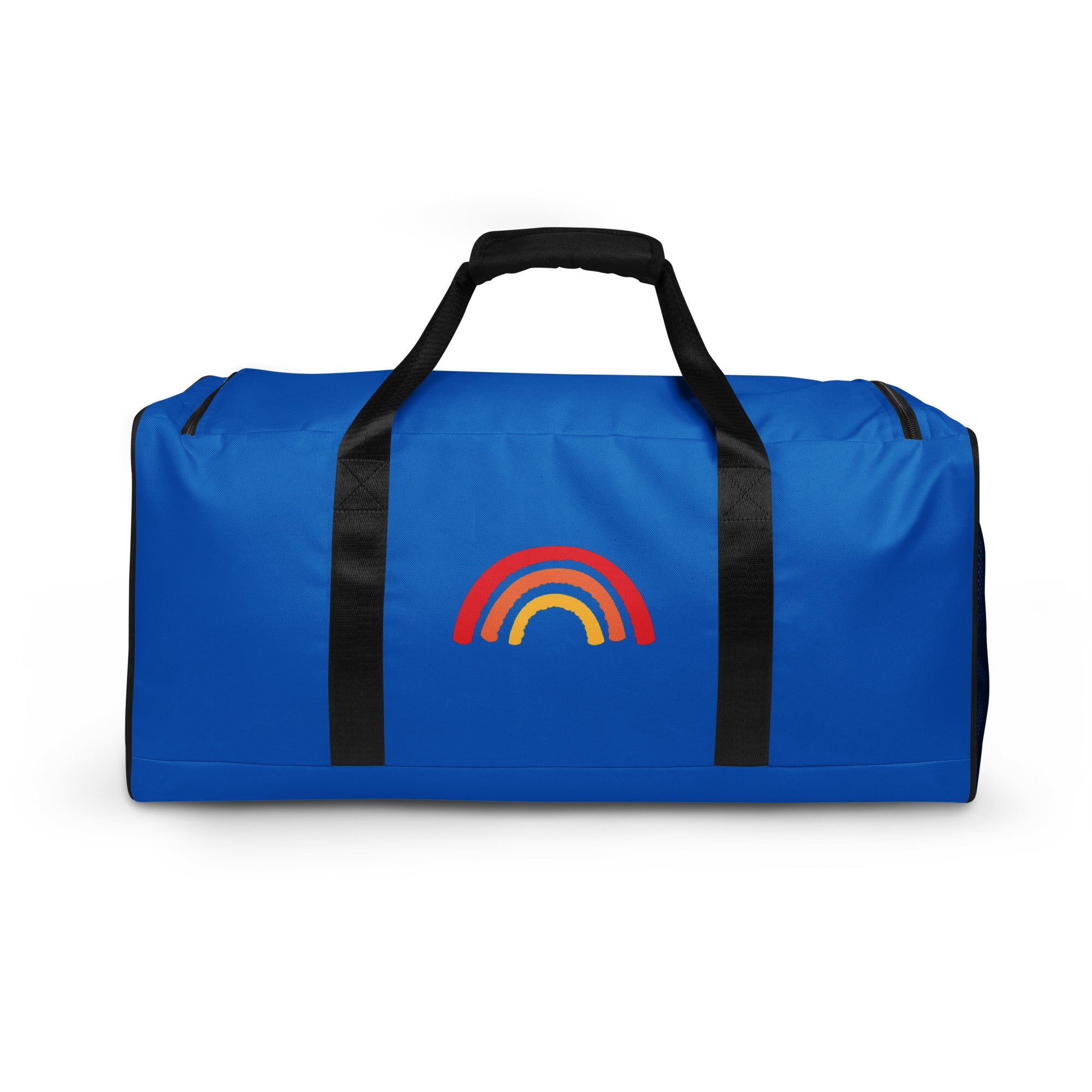 Blue duffel bag with a rainbow design on a white background